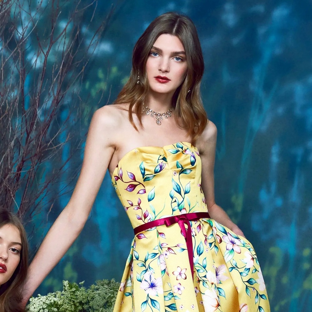 Marchesa Notte Tea Length printed Mikado Dress